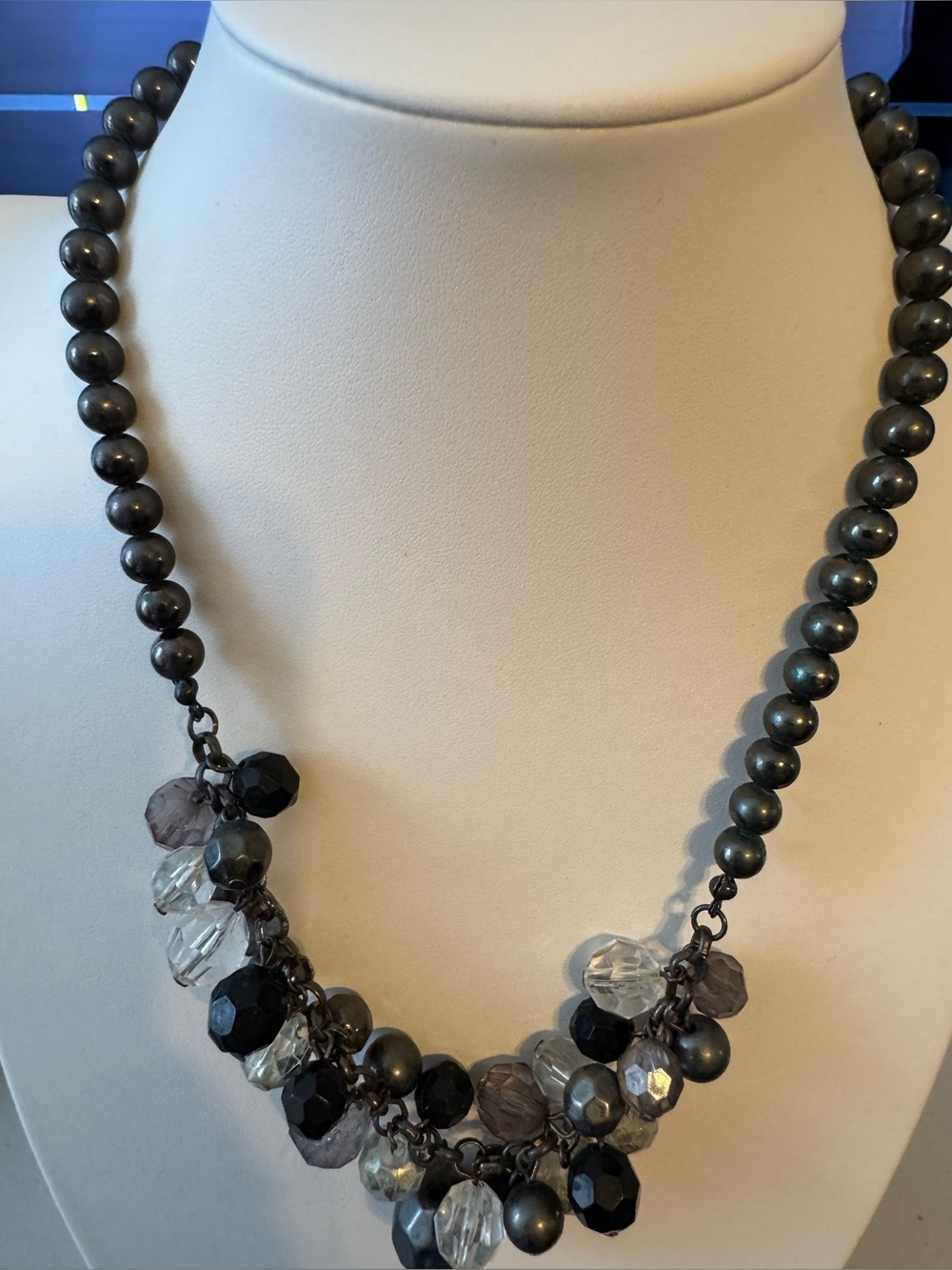 Women's Babble Pearl Bead and Faceted Crystal Necklace - Black with Silver, Grey